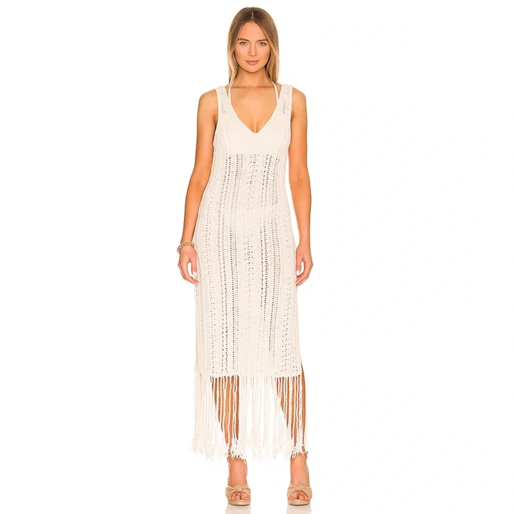 Jonathan Simkhai Ivory Kamilah Crochet Fringe Tank Midi Dress Small NWOT - Picture 2 of 13